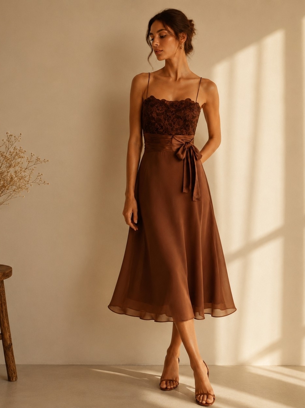 Vintage Y2K Brown Silk Satin Lace Midi Dress Bow Size M Romantic Balletcore